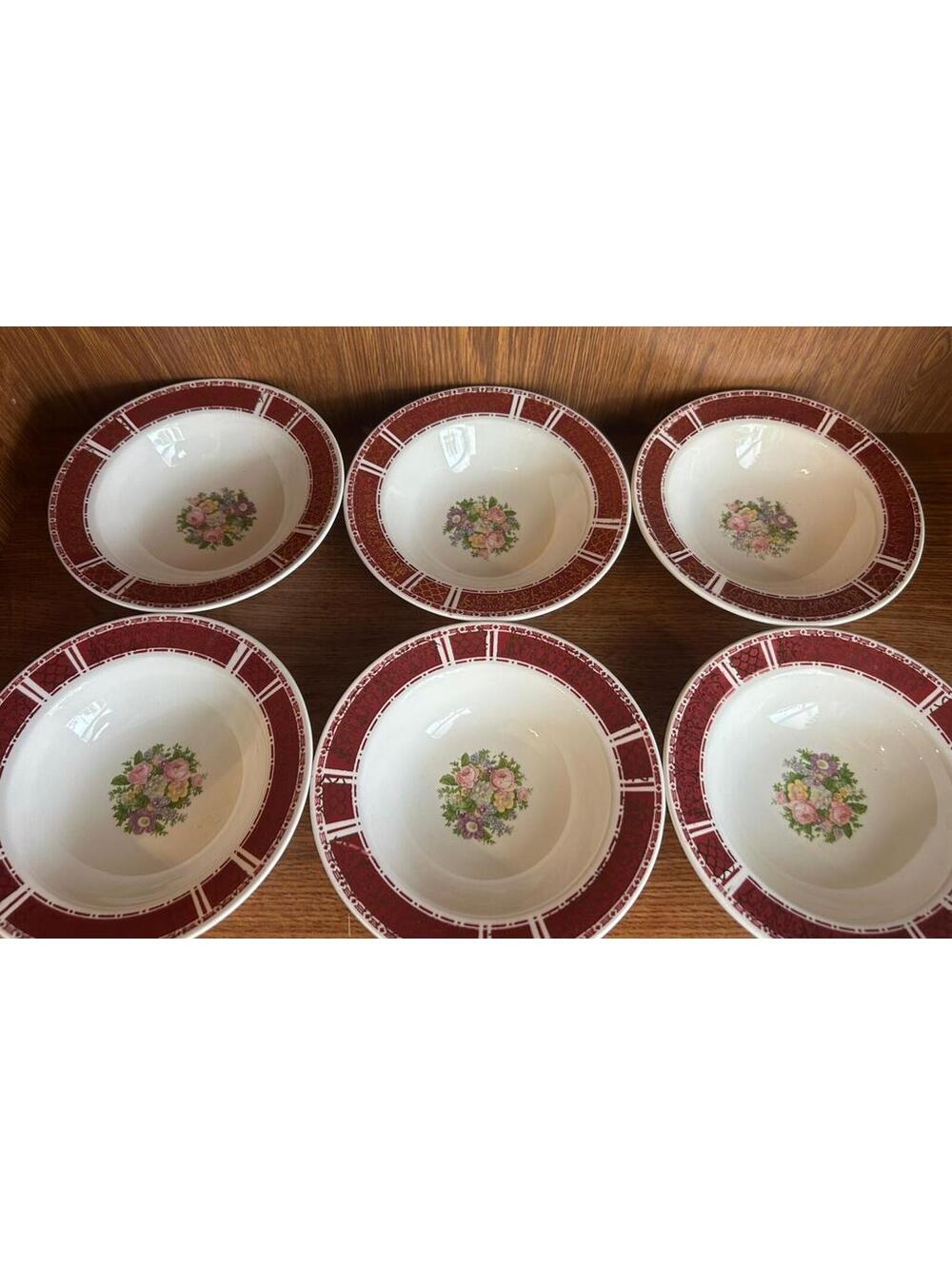 6 Homer Laughlin Piccadilly Dessert Fruit Bowls 5.5" red/gold rim floral Center